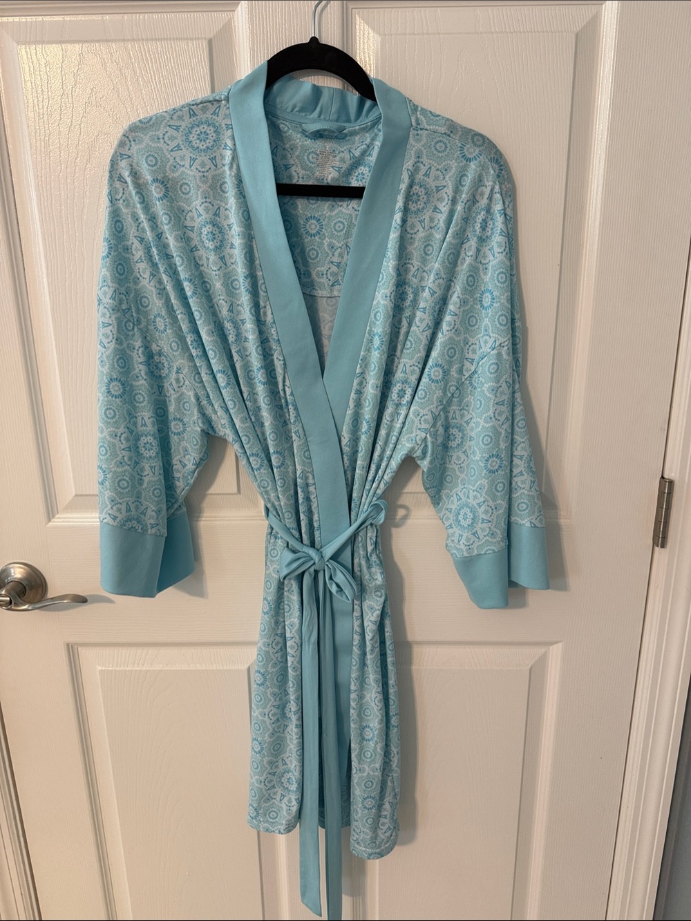 Light Blue Printed Satin-Trim Kimono Robe with Self-Tie Belt with matching pj’s